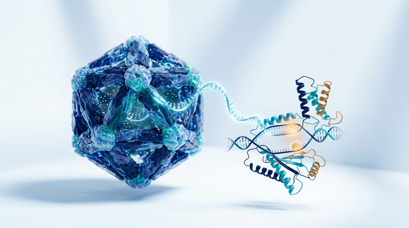 Abstract 3D visualization of AAVrh74 vector and CRISPR base editor