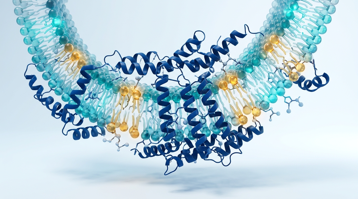 Abstract 3D biophysical visualization of synthetic peptides sealing a curved lipid bilayer